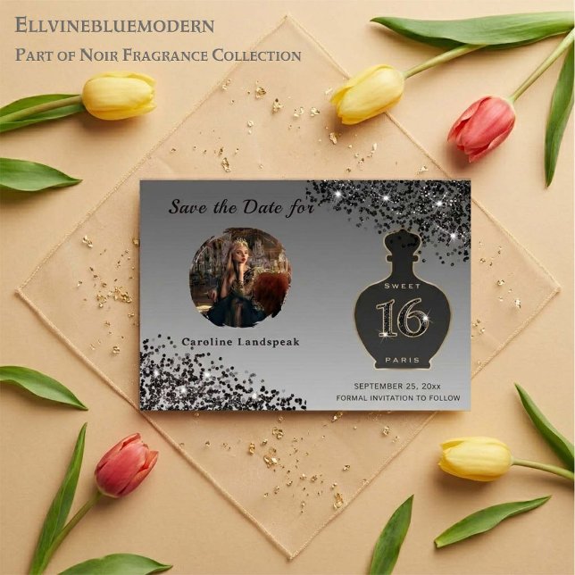 Save The Date Black Glitter Paris Studio de Parfum Sweet 16 (Sparkling Black & Gold elegance for your Sweet 16!
Shop our Noir Fragrance Collection.
)