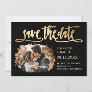 Save The Date Black Gold Calligraphy Mariage 2 Splatter Photo