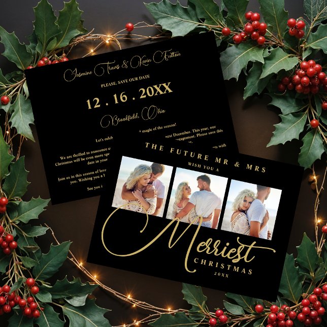 Save The Date Black Gold Exquisite Wedding Christmas 3 Photos (Exquisite Modern Wedding Christmas 3 Photos in Fake Gold and Black Holiday Cards.)