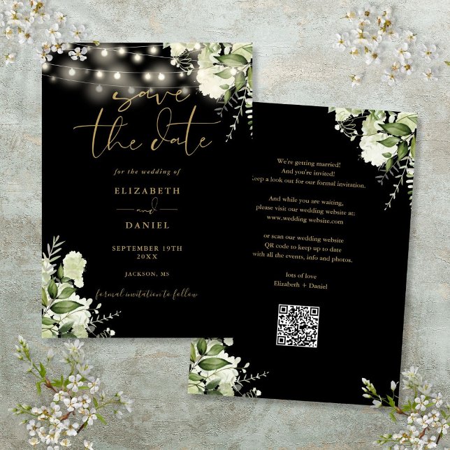 Save The Date Black Gold Floral String Lights QR Code Mariage (Black Gold Floral String Lights QR Code Wedding Save The Date)