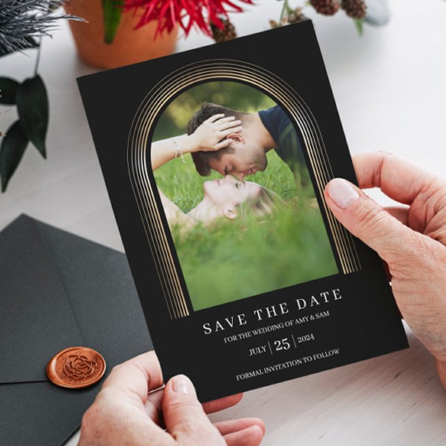 Save The Date Black Gold Frame Photo Personnalisée Élégante Simp (Créateur téléchargé)