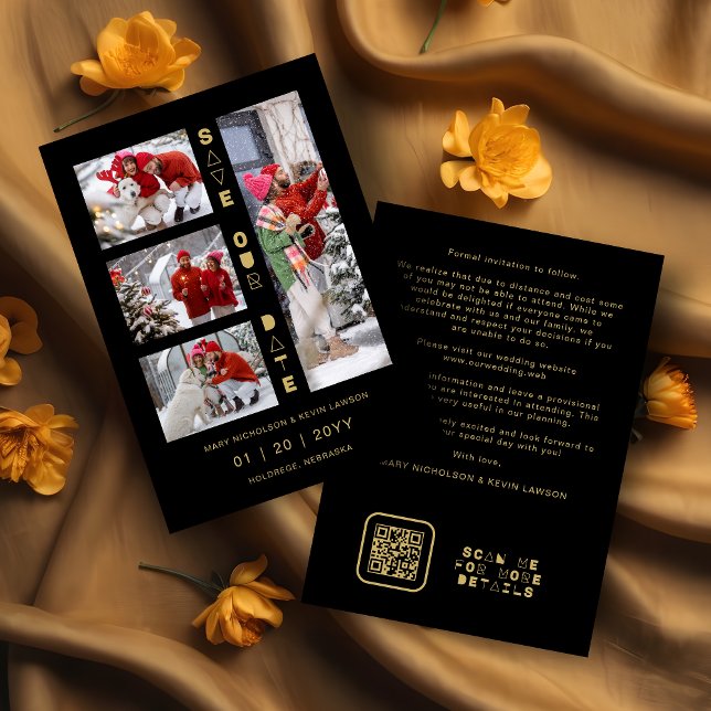 Save The Date Black & Gold Sophisticated 4 Multi-Photos Collage (Black & Faux Gold Sophisticated 4 Multi-Photos Collage Whimsical Script Save the Date Card.)