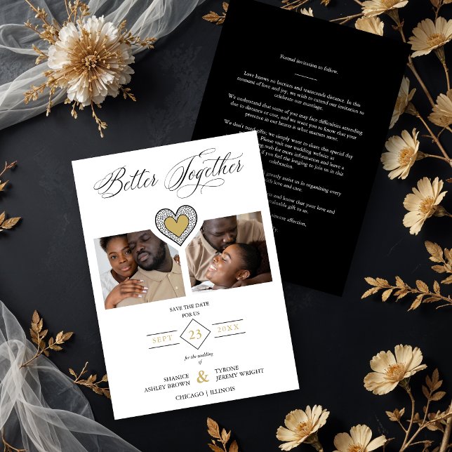 Save The Date Black & Gold Sophisticated Better Together Quote (Sophisticated Better Together Quote Black Fake Gold and Fake Lace Effect Heart 2 Photos Collage.)