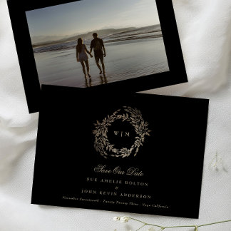Save The Date Black Gold sur Ebony Botanical Monogram Mariage
