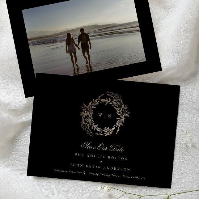 Save The Date Black Gold sur Ebony Botanical Monogram Mariage (Créateur téléchargé)