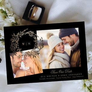 Save The Date Black Gold sur Ebony Wreath Monogram Mariage photo