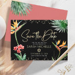 Save The Date Black Gold Tropical Bat mitzvah Floral Palm Modern<br><div class="desc">Assurez-vous que tous vos amis et parents pourront célébrer le Bat mitzvah de votre fille! Envoyez cette carte de faire-part chic et personnalisée "Save the Date". Des oiseaux d'aquarelle tropicaux, colorés et étonnants, des fleurs de paradis, un faux script manuscrit en or, l'étoile de David et des points de parties...</div>