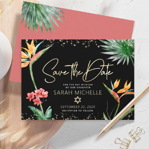 Save The Date Black Gold Tropical Bat mitzvah Floral Palm Modern