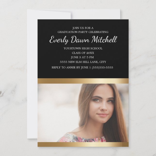 Save The Date Black Gold White Stripe Graduation Party (Devant)