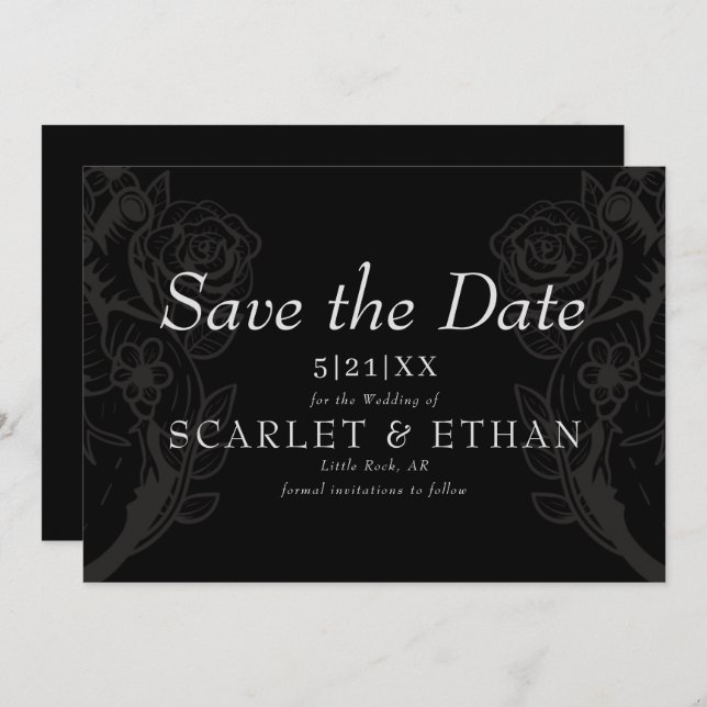Save The Date Black Gothique Floral Heart Mariage moderne (Devant / Derrière)