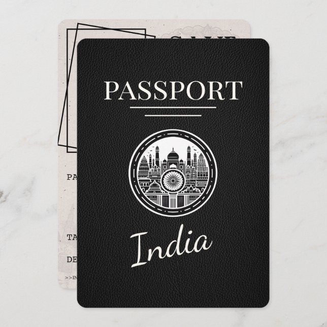 Save The Date Black India Passport Enregistrer La Date (Devant / Derrière)