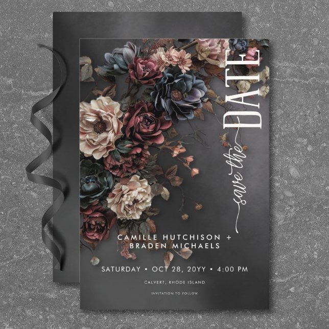 Save The Date Black Moody Gothic Flowers & Mist Mariage (Black Moody Gothic Flowers & Mist Wedding Save The Date)