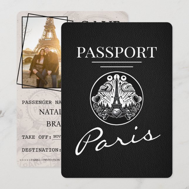 Save The Date Black Paris Passport Enregistrer La Date (Devant / Derrière)