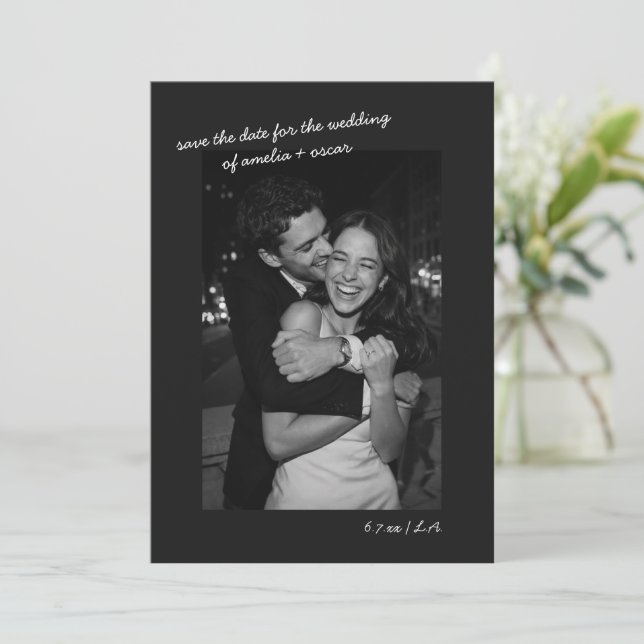 Save The Date Black Photo Minimalist Modern Wedding Dark Script (Debout devant)