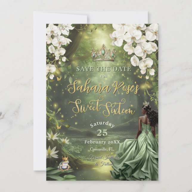 Save The Date Black Princess and Frog Sage Green Dress Sweet 16 (Devant)