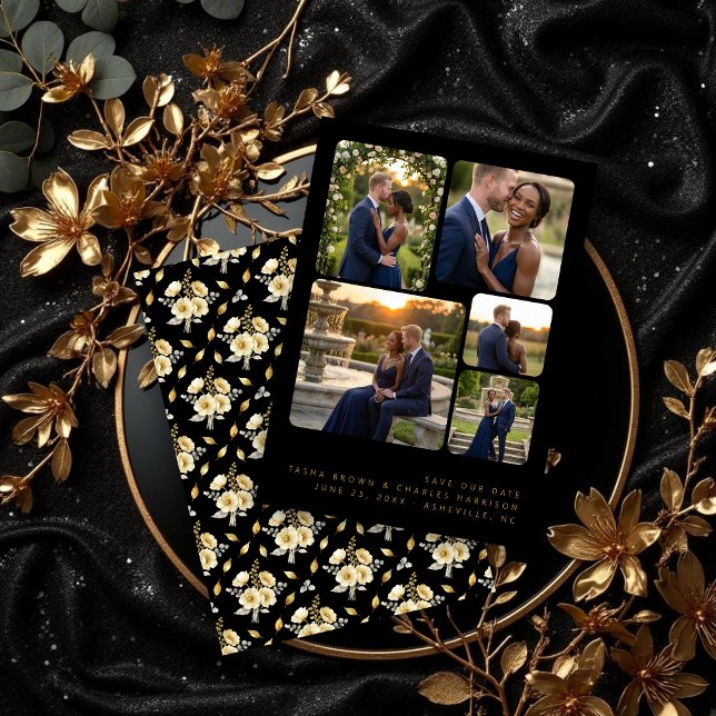 Save The Date Black Refined Minimalist 5-Photo Collage Wedding  (Black Refined Minimalist 5-Photo Collage Wedding Save the Date Card Design with Back Black.)