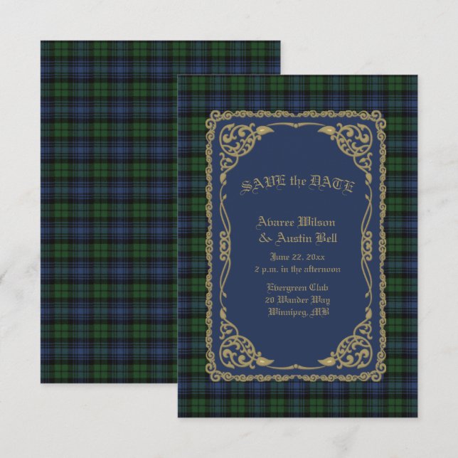 Save The Date Black Watch Tartan Ancien Avec Cadre Or (Devant / Derrière)