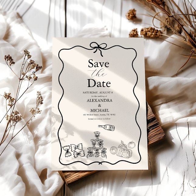 Save The Date Black Wavy Whimsical Italien Mariage de doodle (Créateur téléchargé)
