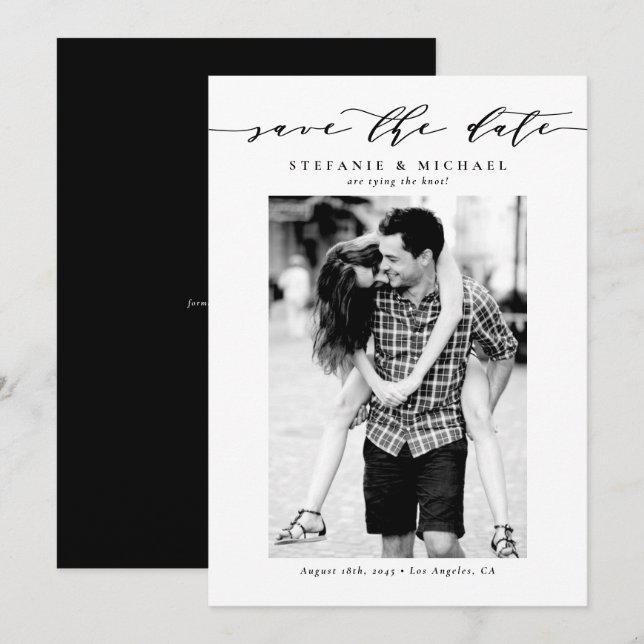 Save The Date Black Whimsical Script Photo (Devant / Derrière)
