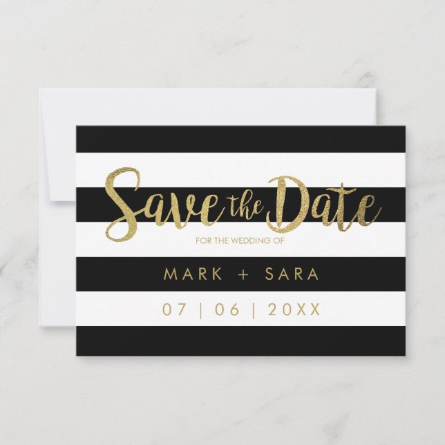 Save The Date Black & White Stripes Gold Foil Enregistrer la dat (Devant)