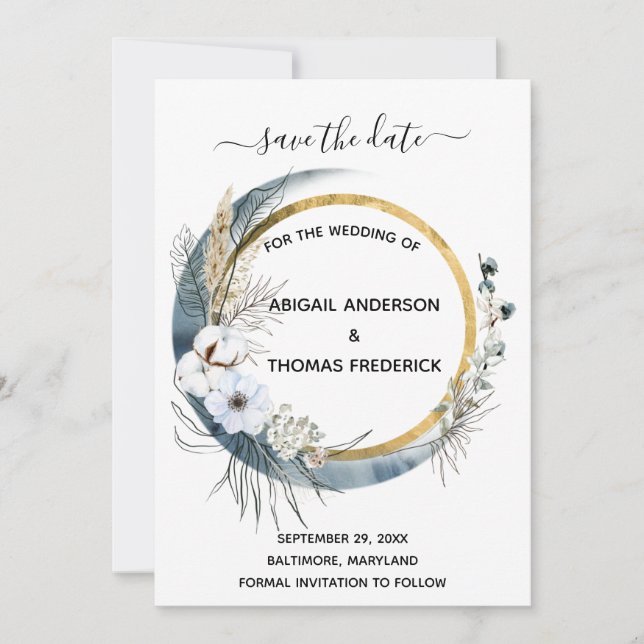 Save The Date Blanc bleu or Floral Aquarelle Boho Mariage (Devant)