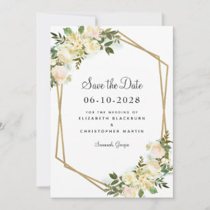 Save The Date Blanc Chic Élégant Mariage Or Feuillage Floral