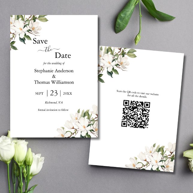 Save The Date Blanc Floral Magnolias Greenery Code QR Mariage (Elegant Classic White Magnolia Floral Greenery QR code Wedding Save the Date Card)
