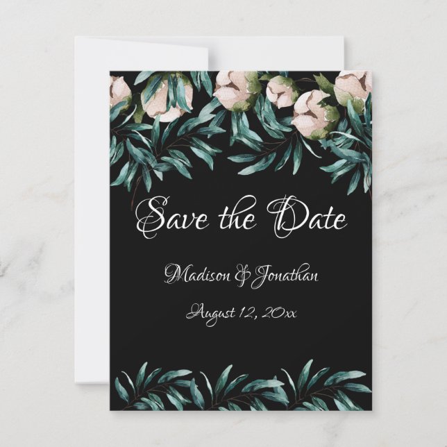 Save The Date Blanc Floral Vert Noir Élégant Script (Devant)