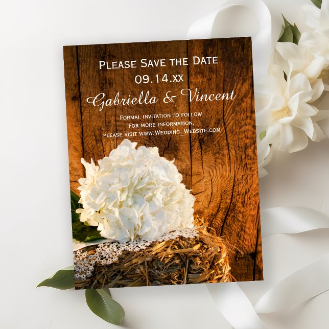 Save The Date Blanc Hydrangea Grange mariage en bois Enregistrer (Créateur téléchargé)