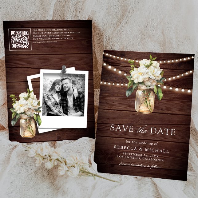Save The Date Blanc Magnolia Floral Wood QR Code Mariage Photo (Créateur téléchargé)