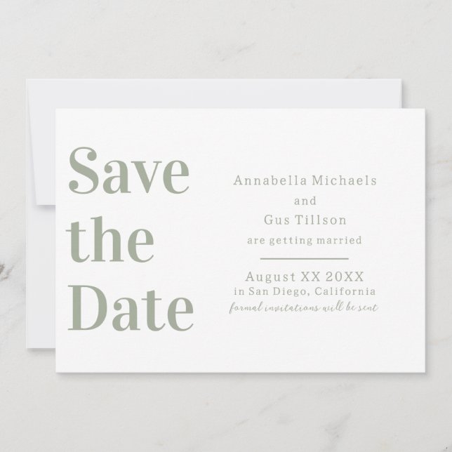 Save The Date Blanc Moderne et Grand Caractère Vert Sauge (Devant)