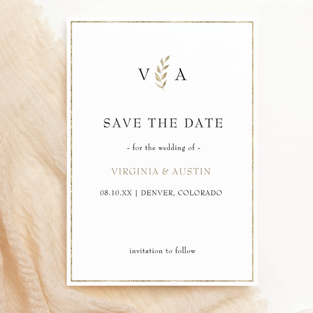 Save The Date Blanc noir minimal | Mariage de bordure en or feui (monogram Minimal Black White & Gold Leaf Border Wedding Save The Date
)