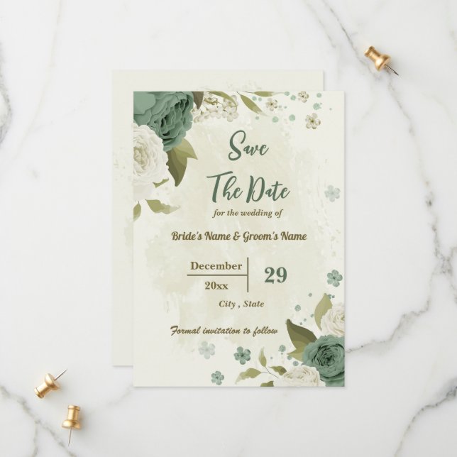 Save The Date blanc & sauge vert fleurs mariage botanique (Devant/Arrière en situation)