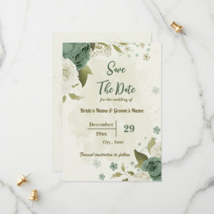 Save The Date blanc & sauge vert fleurs mariage botanique