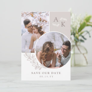 Save The Date Blanc Taupe Vert Overlapping Photos