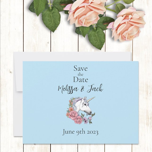 Save The Date Blanc Unicorne rose Fleurs Bleu (Créateur téléchargé)