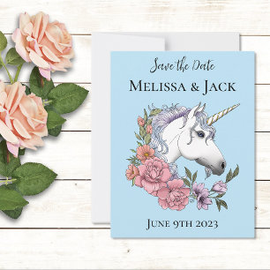 Save The Date Blanc Unicorne rose Fleurs Bleu