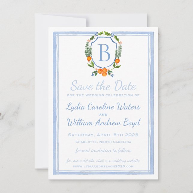 Save The Date Blason Aquarelle Citron, Mariage Chinoiserie (Devant)