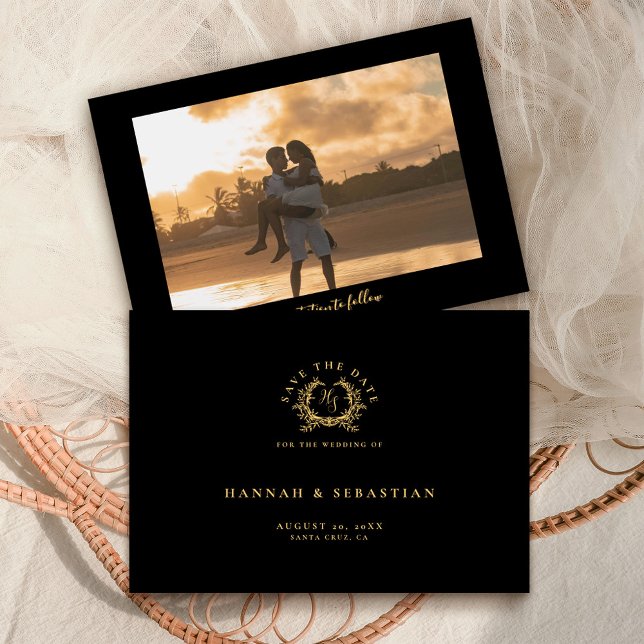 Save The Date Blason Botanique de Monogramme Or Noir Élégant (Créateur téléchargé)