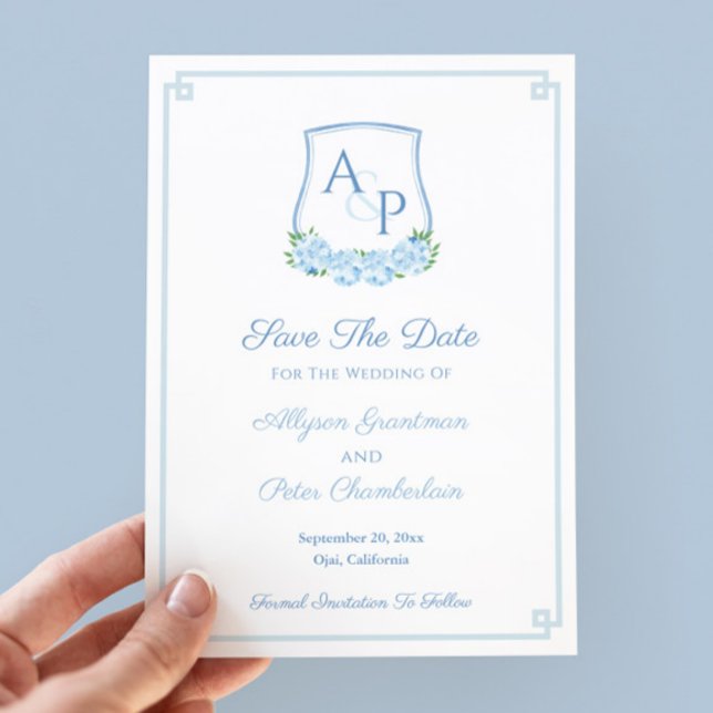 Save The Date Blason de mariage à monogramme botanique bleu aqua (Save The Date Card design featuring a watercolor blue hydrangea crest, greek key border and backer)