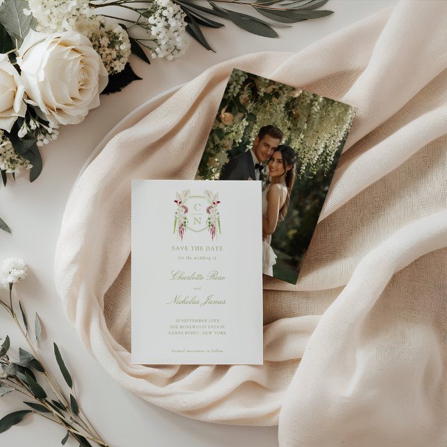 Save The Date Blason de mariage à monogramme floral en cascade (Créateur téléchargé)