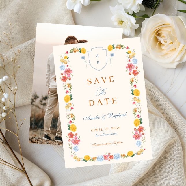 Save The Date Blason de monogramme d'arche florale romantique po (Créateur téléchargé)