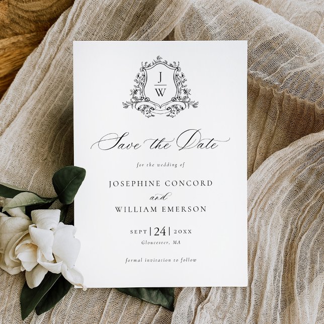 Save The Date Blason de monogramme traditionnel Fleurs Élégant M (Créateur téléchargé)
