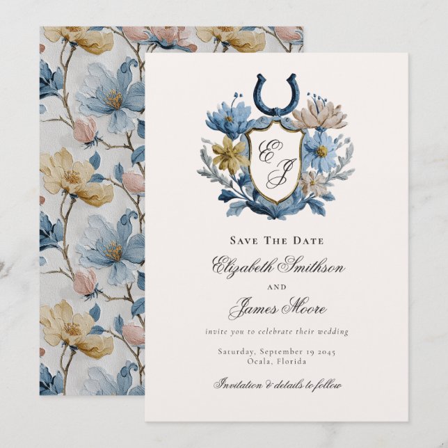 Save The Date Blason Floral Fer à Cheval Monogramme Équestre  (Devant / Derrière)