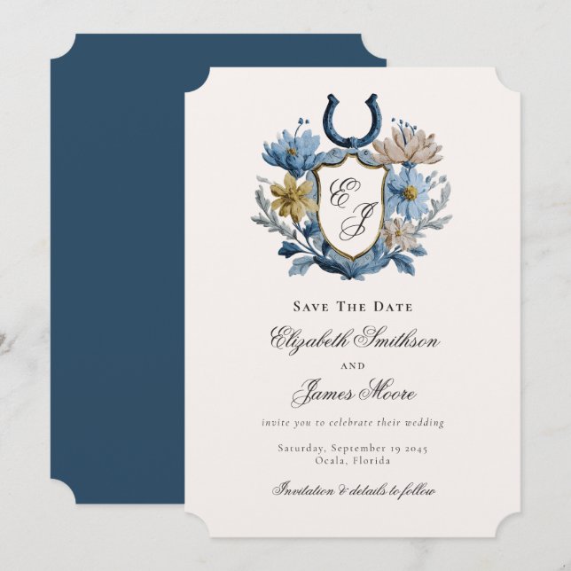 Save The Date Blason Floral Fer à Cheval Monogramme Équestre  (Devant / Derrière)