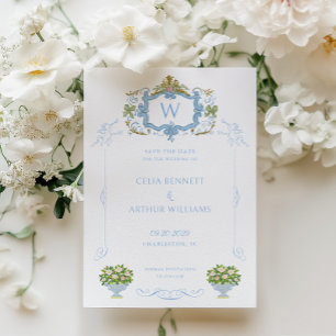 Save The Date Blason Monogramme Bleu de Style Rococo pour Mariag
