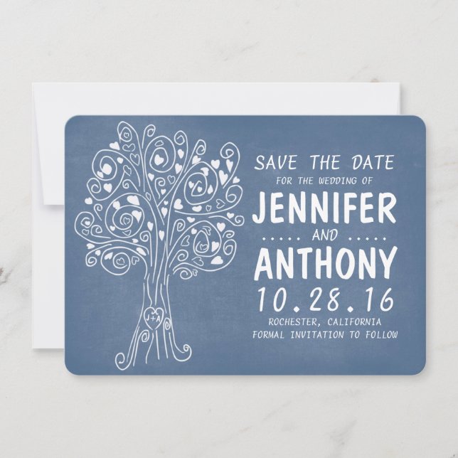 Save The Date bleu amour coeur arbre rustique enregistrer les ca (Devant)