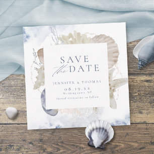 Save The Date Bleu aquarelle corail & coquillages plage mariage