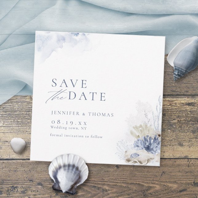 Save The Date Bleu aquarelle corail & coquillages plage mariage (Créateur téléchargé)