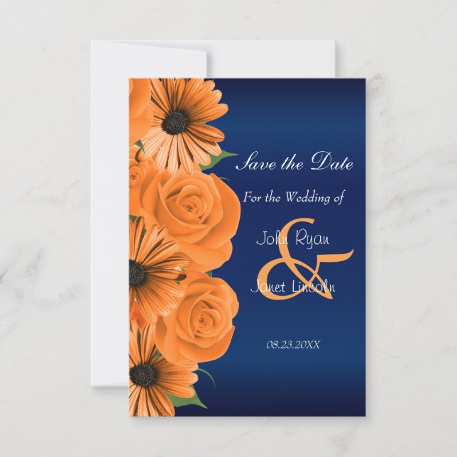 Save The Date Bleu avec Rose orange et marguerite Enregistrer la (Devant)